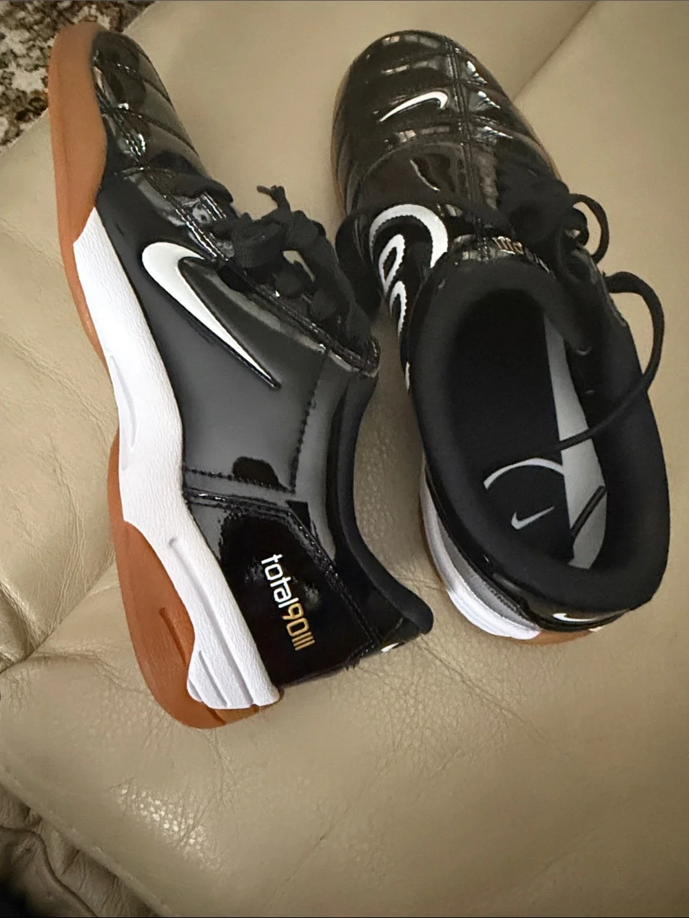 Women’s Nike Black Patent Leather Sneakers with White Swoosh, Nike Total 90.
